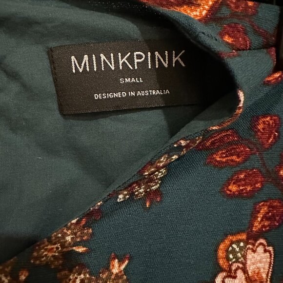 MINKPINK Emerald Floral Cutout Midi Dress Small - Puff Sleeve Boho Wedding Guest - Picture 4 of 6